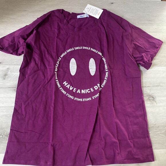 KIKIBERRY Womens Short Sleeve T-Shirt Smile‎ Face Shirt Purple XL Nwt - Picture 6 of 6